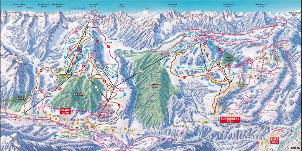 Skikarte mit Pisten und Liftsystemen in den Alpenregionen Brand und Bürserberg, inklusive Höhenangaben und Routen.